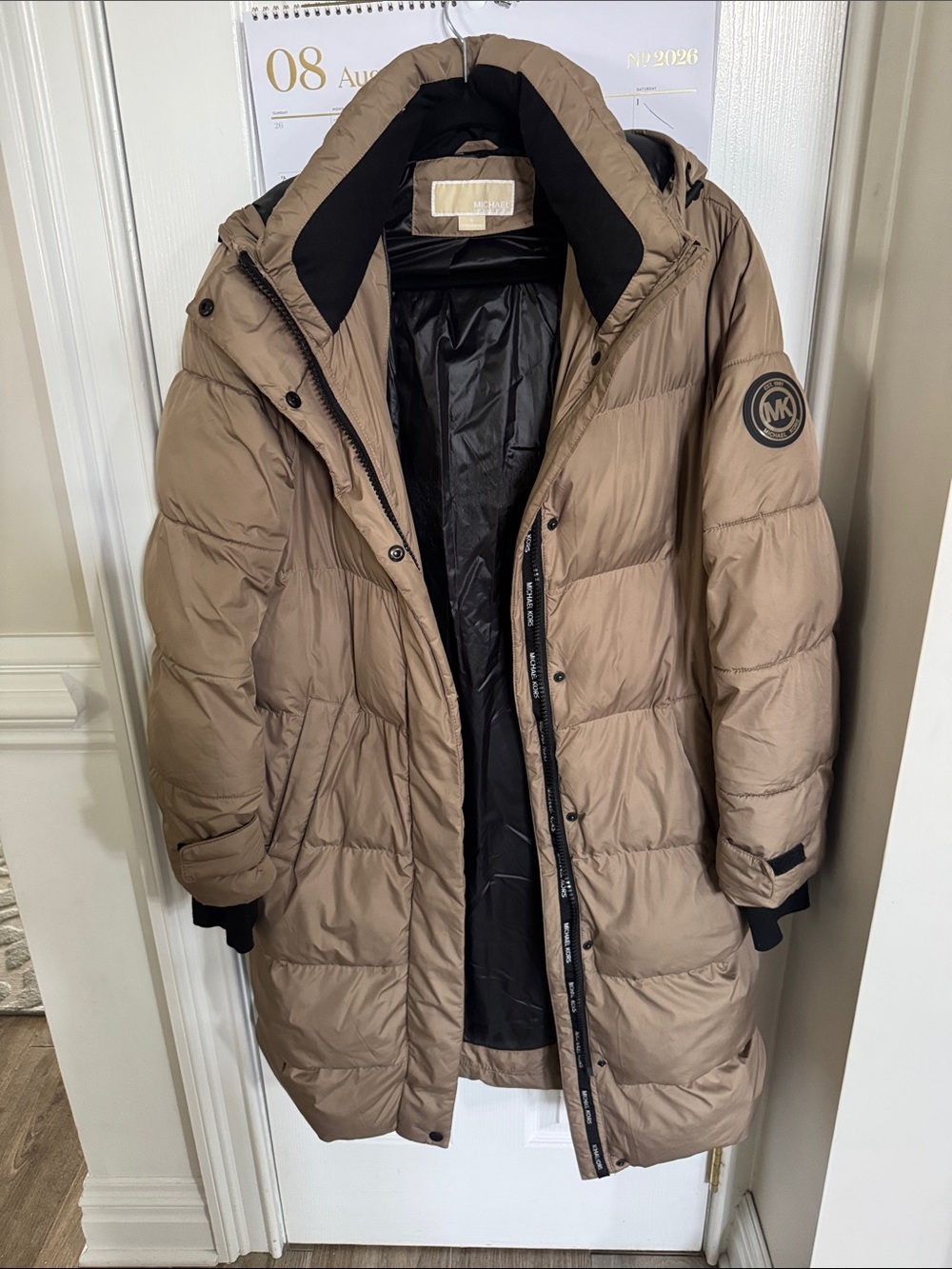 Michael Kors womens Beige Tan Quilted Long Puffer Jacket with Hood size medium